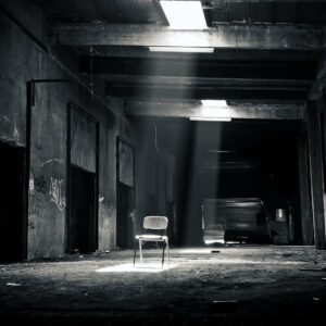 Habitación oscura con una silla vacía que representa el vacío emocional.